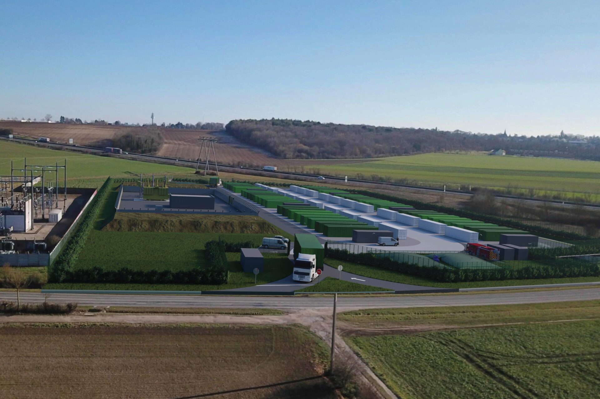 Photomontage d'un parc énergétique dans un paysage agricole