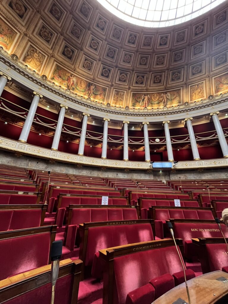 La photo montre la salle de séance de l'Assemblée nationale, officiellement appelée « hémicycle »