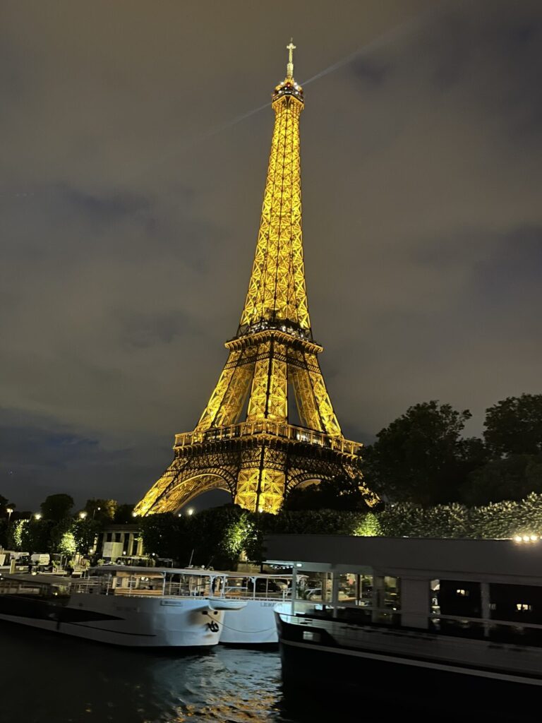 La photo montre la Tour Eiffel illuminée lors de la croisière